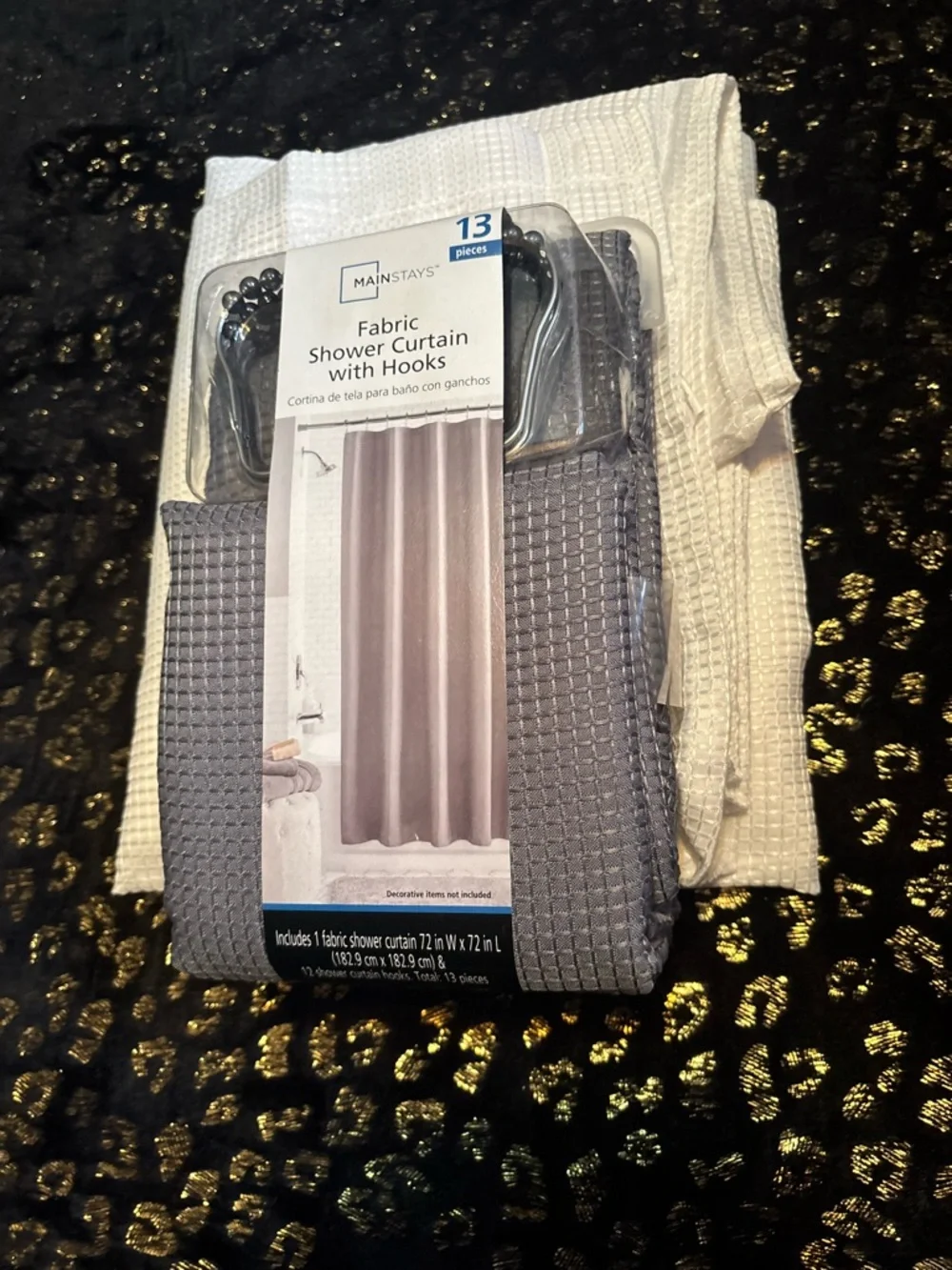 Mainstays Gray Fabric Shower Curtain with Hooks - 13 Piece Set+ Extra White